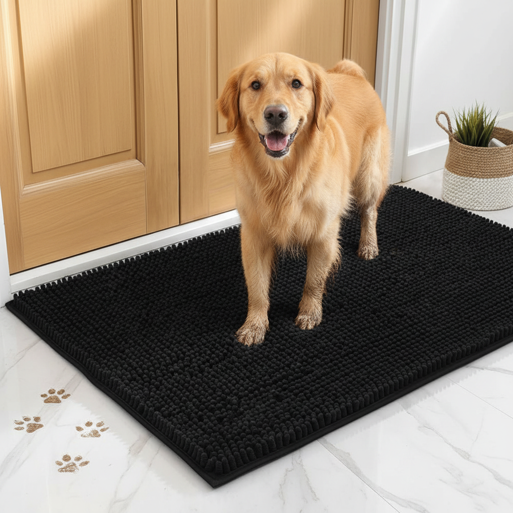 Black Chenille Pet Mat in Use