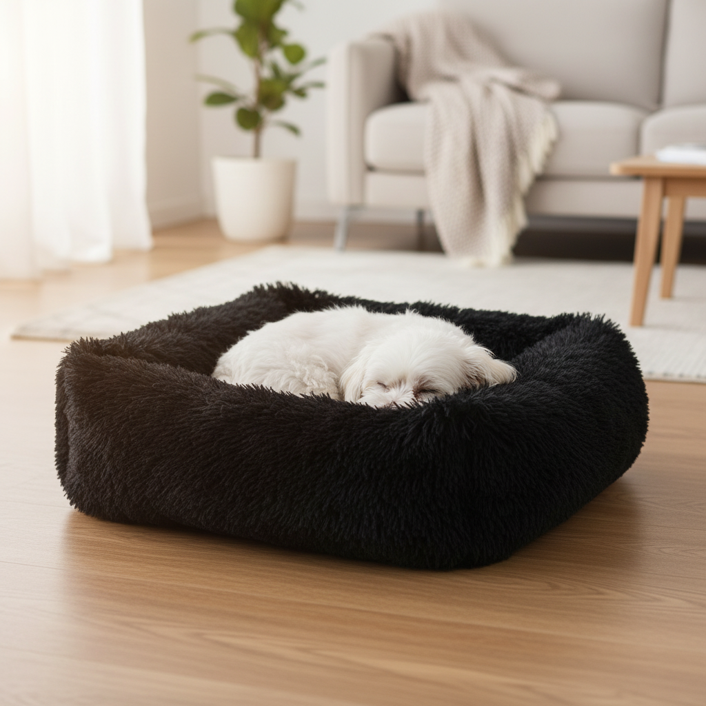 Black Plush Square Pet Bed with Dog